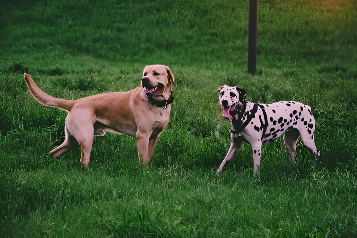 Labrador and Dalmatian standing outside